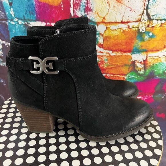 Sam Edelman Shoes - Sam Edelman Morgon Black Nubuck Leather Ankle Boots Block Stacked Heel Moto 7.5